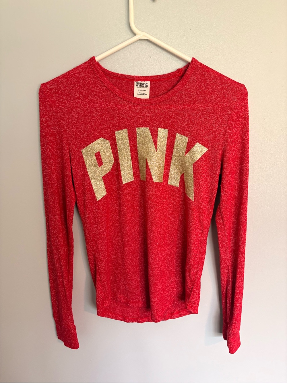 PINK Victoria's Secret Red Long Sleeve Crewneck with Gold Glitter Logo